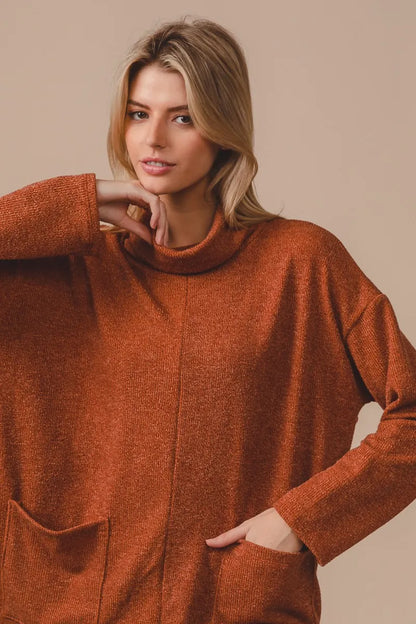 BiBi Piper Rib Double Pocket Turtle Neck Sweater
