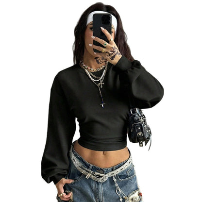 Women's Short Slim-fit Round-neck Solid-color Hoodie