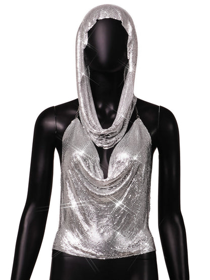 Back Slit Metal Sequins Top Scarf Two-piece Set