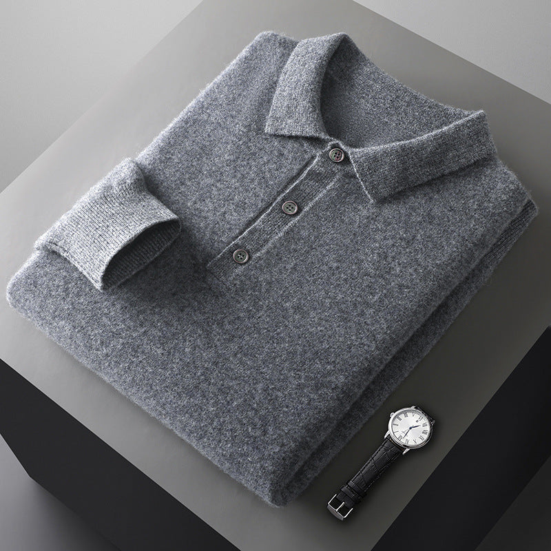 Mens Solid-Color Long-Sleeve All-Wool Polo-Neck Sweater