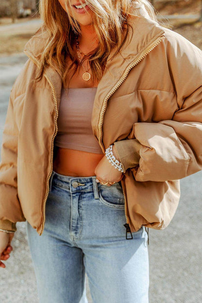 Zip Up Collared Neck Coat with Pockets for Women