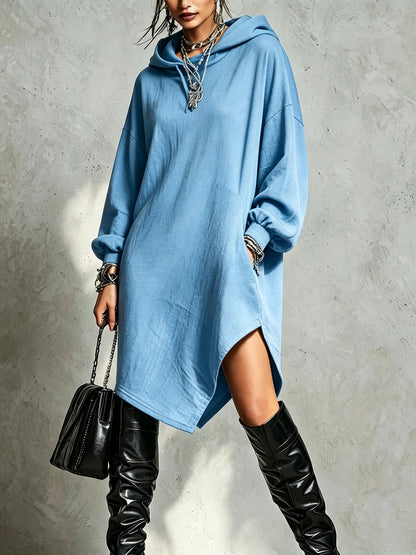 Womens Solid-Color Irregular Side-Slit Hooded Sweatshirt Dress