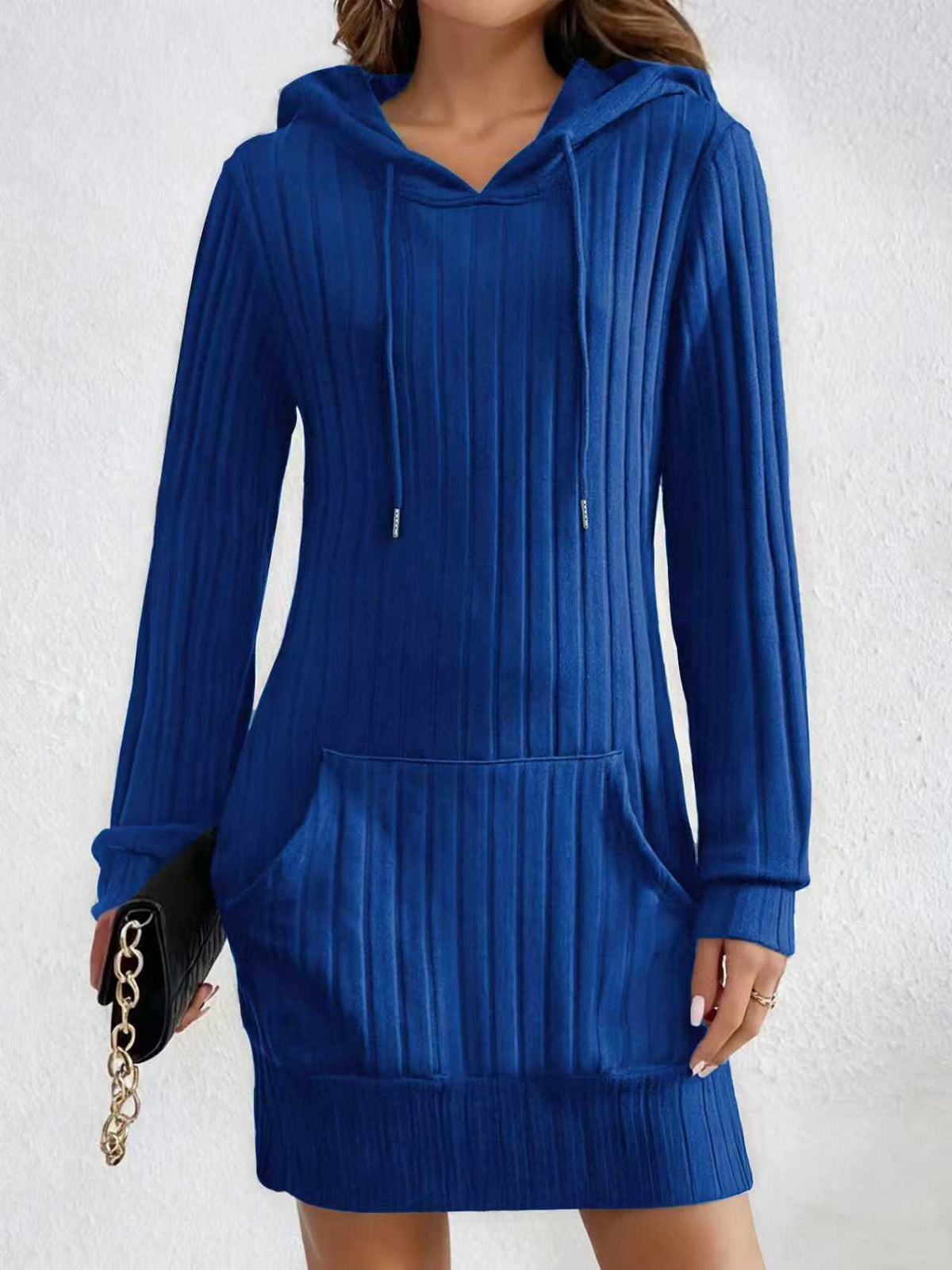 Knitted Hooded Ribbed Pocket Long-sleeve Dress