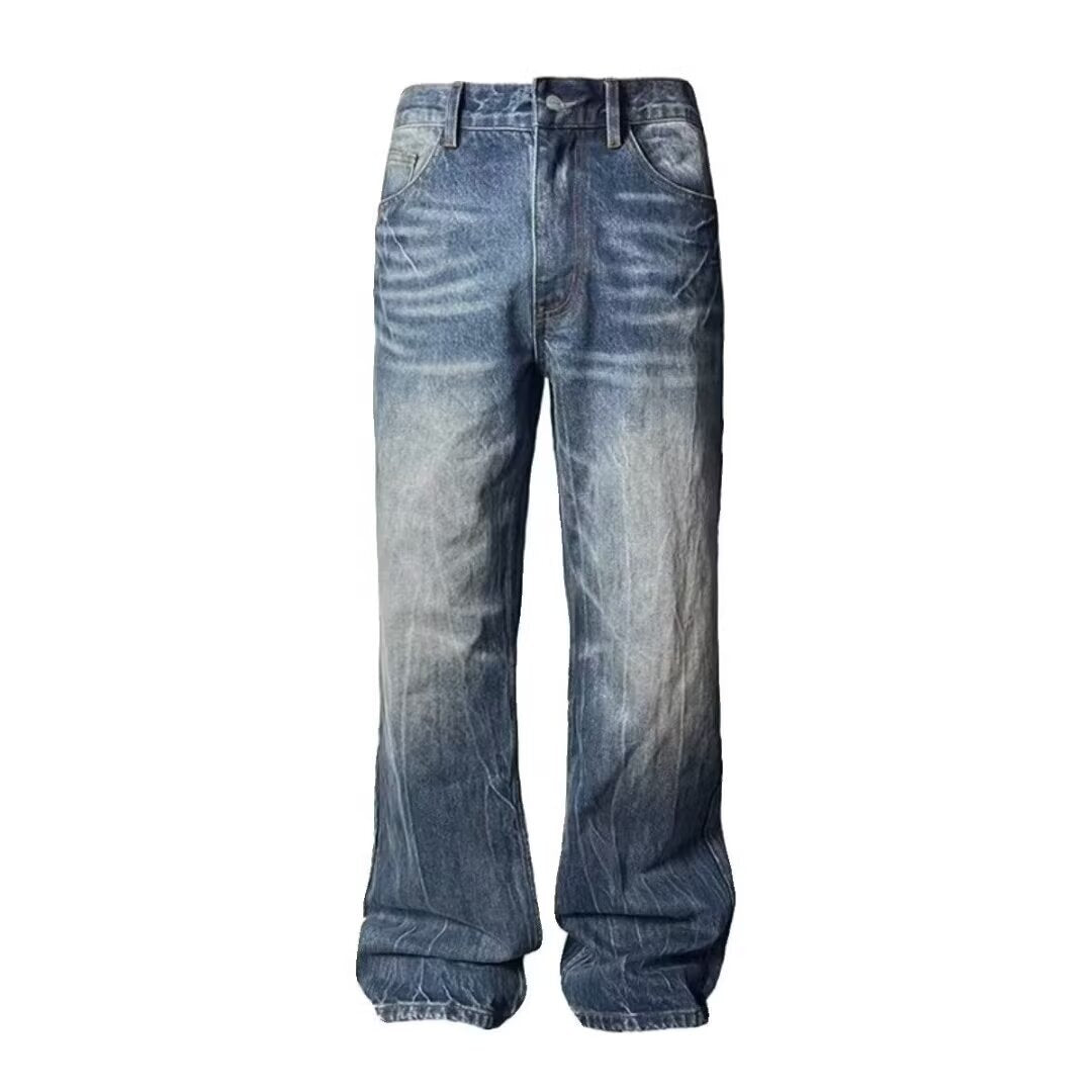 Mens Loose-fit American-style Washed-blue Jeans
