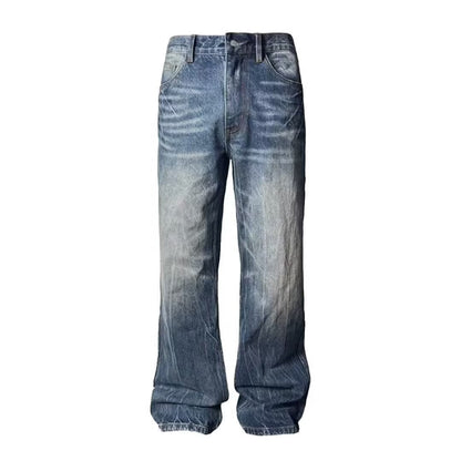 Mens Loose-fit American-style Washed-blue Jeans