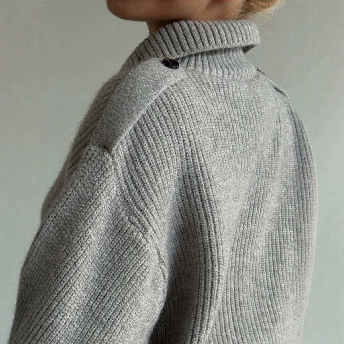 Women's Fashionable Casual Ribbed Mock-Neck Knitted Sweater With Buttons