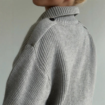 Women's Fashionable Casual Ribbed Mock-Neck Knitted Sweater With Buttons