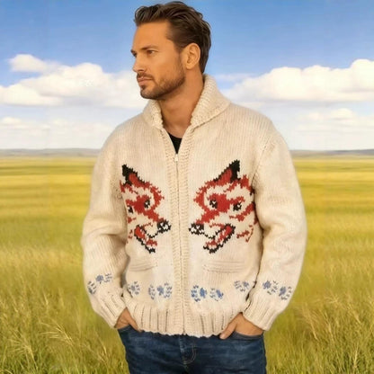 Mens Fox-Pattern Jacquard Sweater Cardigan Knitted Zip-Up Jacket