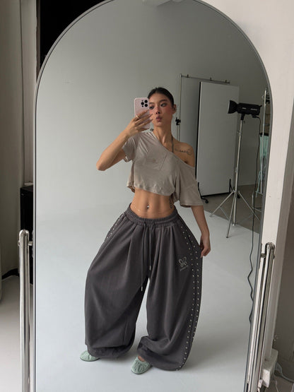 American-style Studded Embroidery Sweatpants