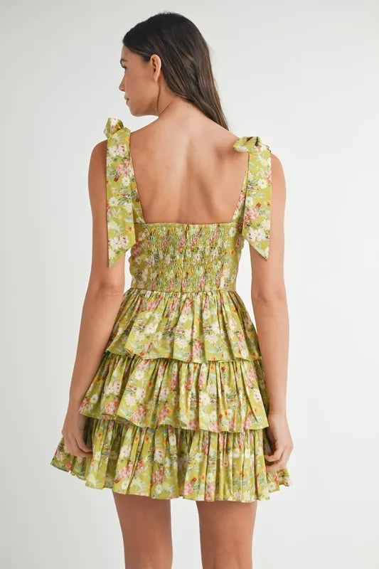 MABLE Floral Print Shoulder Tie Layered Mini Dress
