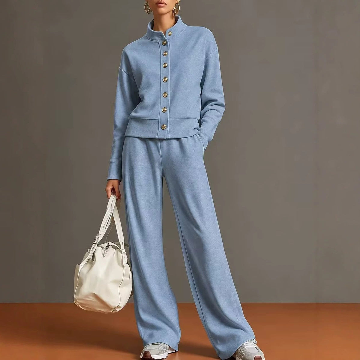 Stand-collar Cardigan And Wide-leg Pants Set