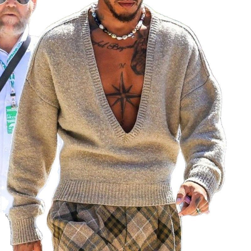 Casual Oversized V-neck Fashionable And Sexy Knitted Sweater For Men