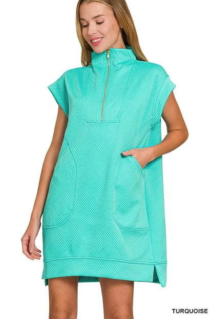 Zenana Textured Knit Jacquard Quarter Zipper Mini Dress