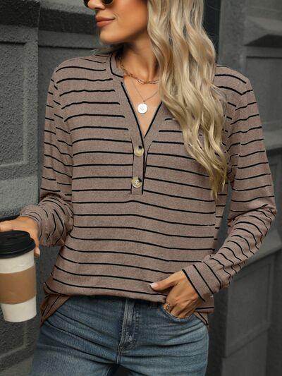 Striped Notched Long Sleeve T-Shirt for Casual Style