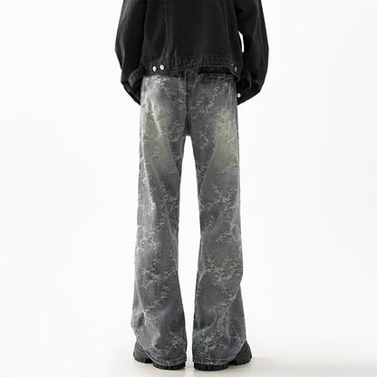 Men's Jacquard Denim Washed Straight-leg Cropped Flared Pants