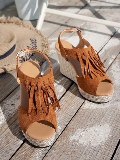 Fringe Peep-toe Wedge Sandals For Women
