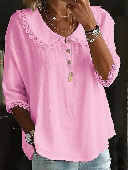 Fashionable Collar With Lace Trim Blouse Tops For Women Spring Summer Solid-Color Button-Up Shirt