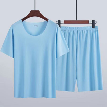 Advanced Ice Silk Round Neck Solid Color Short Sleeve Shorts Suit