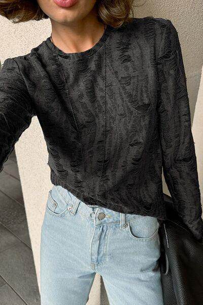 Distressed Round Neck Long Sleeve Blouse for Women Stylish