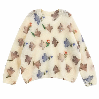 Rhinestone Embellished Floral Mohair-Blend Pullover Sweater