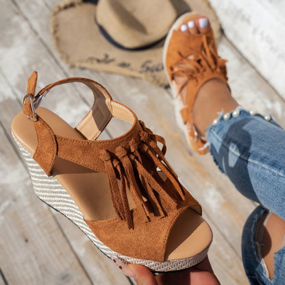 Fringe Peep-toe Wedge Sandals For Women