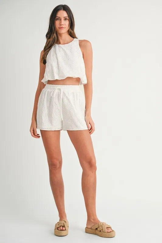 MABLE Eyelet Bubble Hem Sleeveless Top and Shorts Set