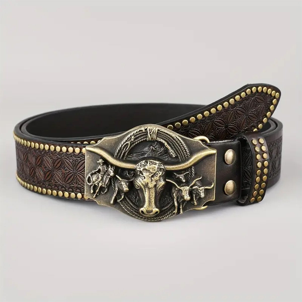 Western Cowboy Belt, Youth Punk Embossed Men's Studded Leather Belt, In-Stock Wholesale Ethnic Style Belt