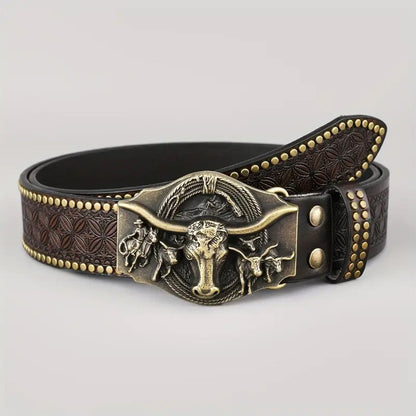 Western Cowboy Belt, Youth Punk Embossed Men's Studded Leather Belt, In-Stock Wholesale Ethnic Style Belt
