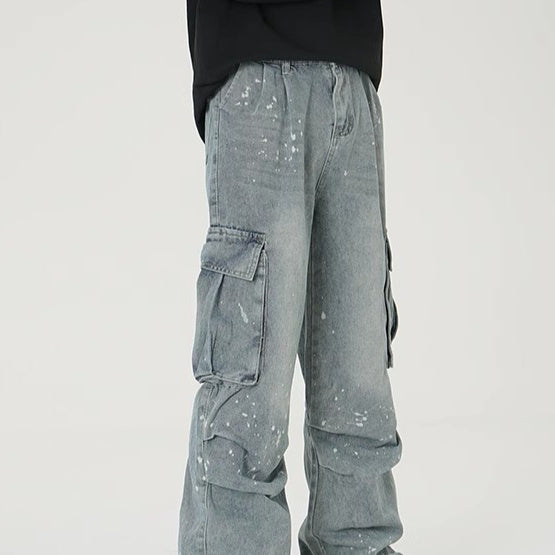 Mens Wide-leg Denim Washed Work Pants With Large Pockets