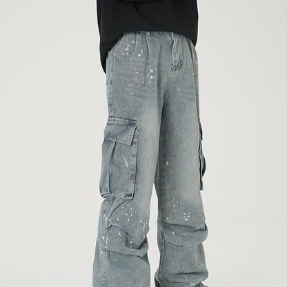Mens Wide-leg Denim Washed Work Pants With Large Pockets