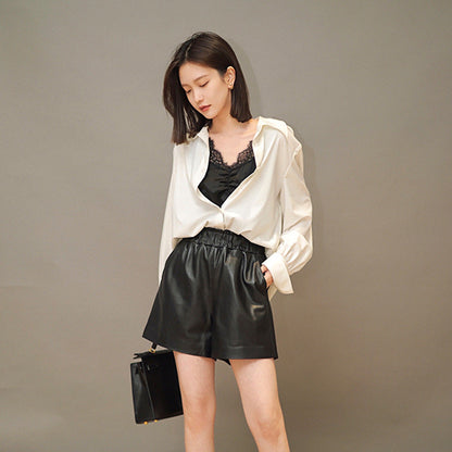 Fashion Loose Straight Leather Shorts Women