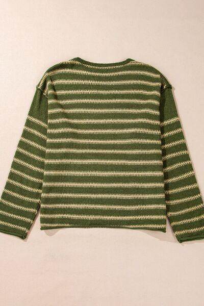 Striped Round Neck Dropped Shoulder Sweater for Women