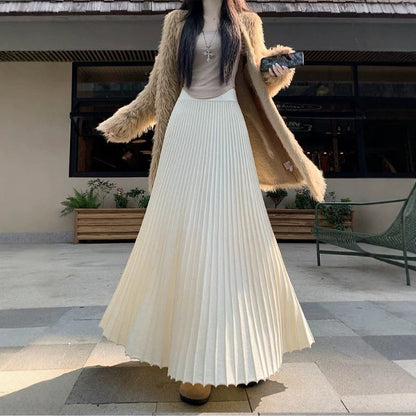 Pleated Knit Skirt AutumnWinter High-Waisted Stretchy Hip-Covering Long Flared Style