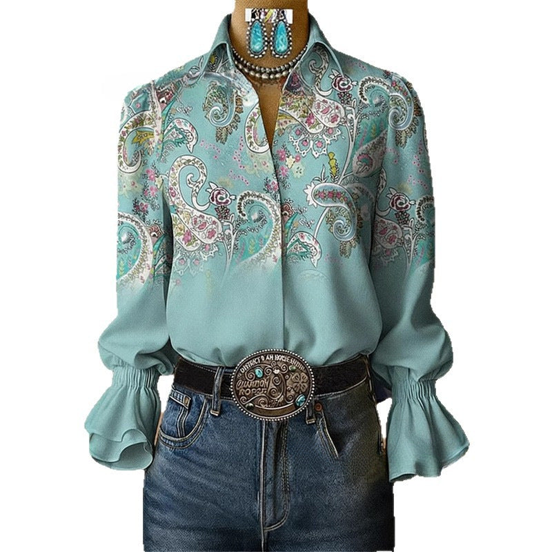 Women's Lace-trimmed Long-sleeve Collared Blouse