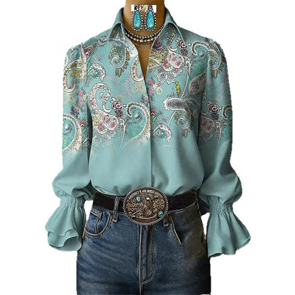 Women's Lace-trimmed Long-sleeve Collared Blouse