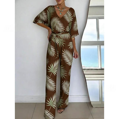 Solid-color V-neck Casual Mid-length Sleeve Dress With Belt