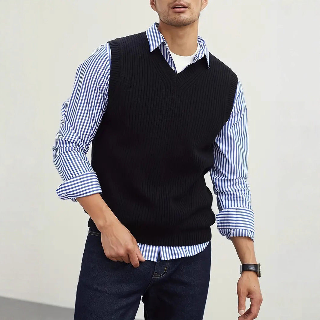 Solid-Color Pullover Vest Gentlemans V-Neck Inner Or Outerwear Waistcoat