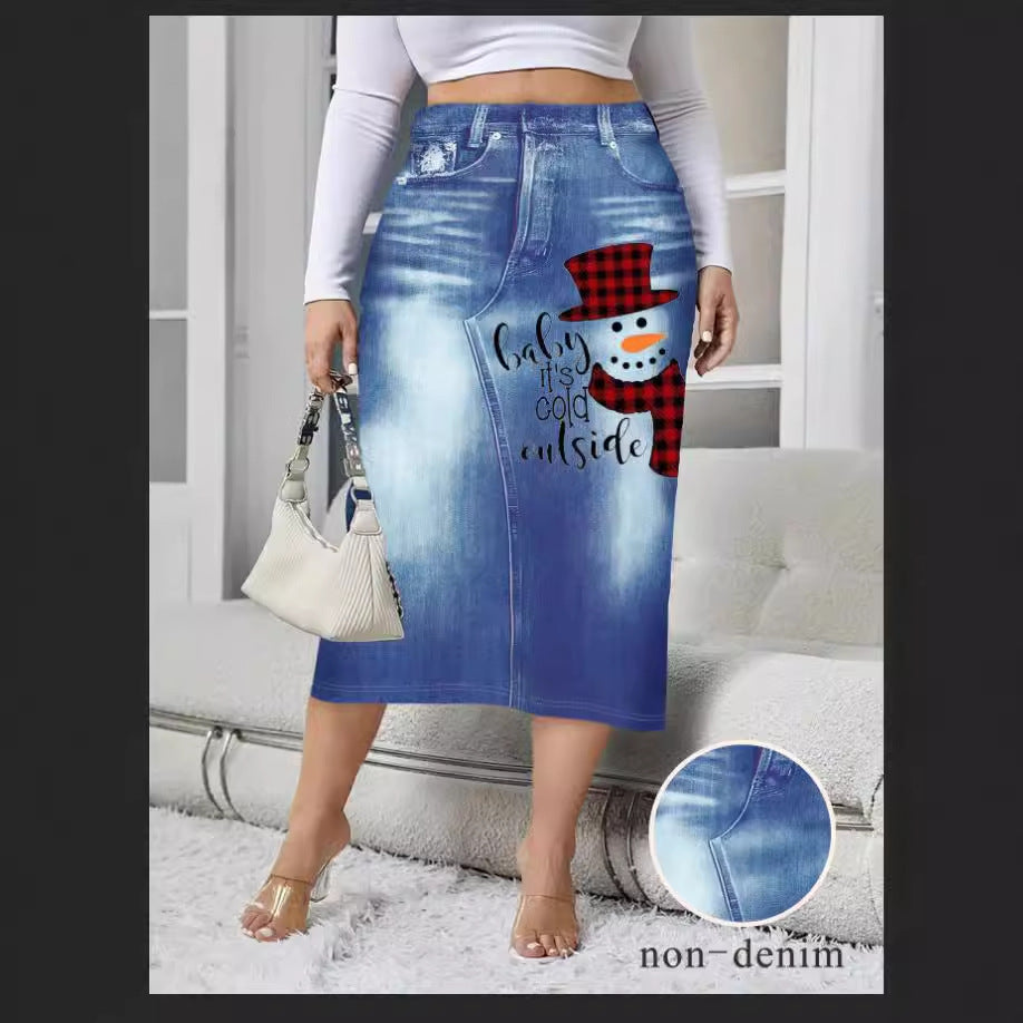 Denim-look Floral-print Bodycon Skirt