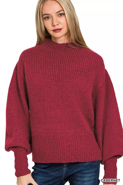 Zenana Balloon Sleeve Mock Neck Sweater