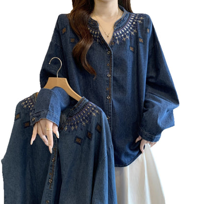 Retro Ethnic-Style Embroidered Denim Shirt For Women