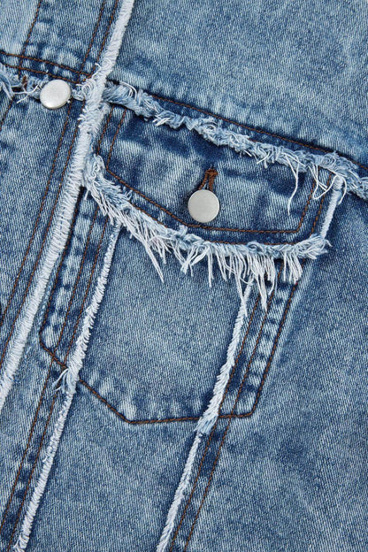 Raw Hem Drawstring Plaid Denim Jacket for Women