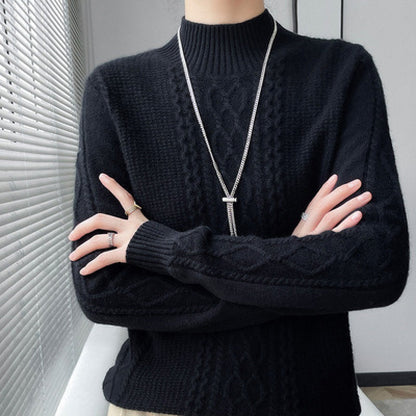 New Fall Winter Women Thick Knit Sweater, Mock Neck Cable Pattern Loose Fit Pullover, Casual Warm Basic Long Sleeve Underwear Top