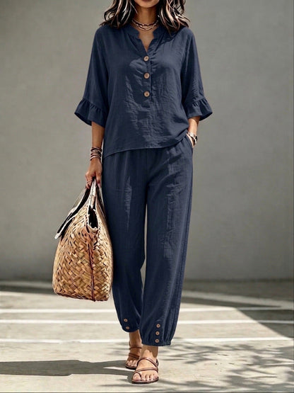 Three-quarter-sleeve Top And Cropped Pants Two-piece Set