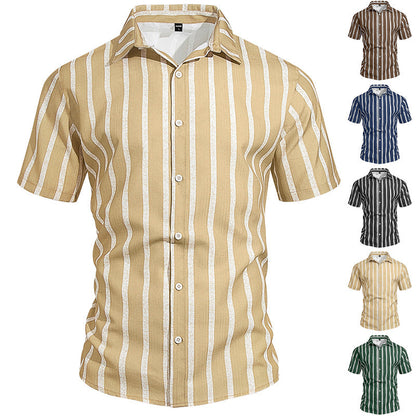 Men's Plus-Size Light Mature Lapel Striped Short-Sleeve Shirt