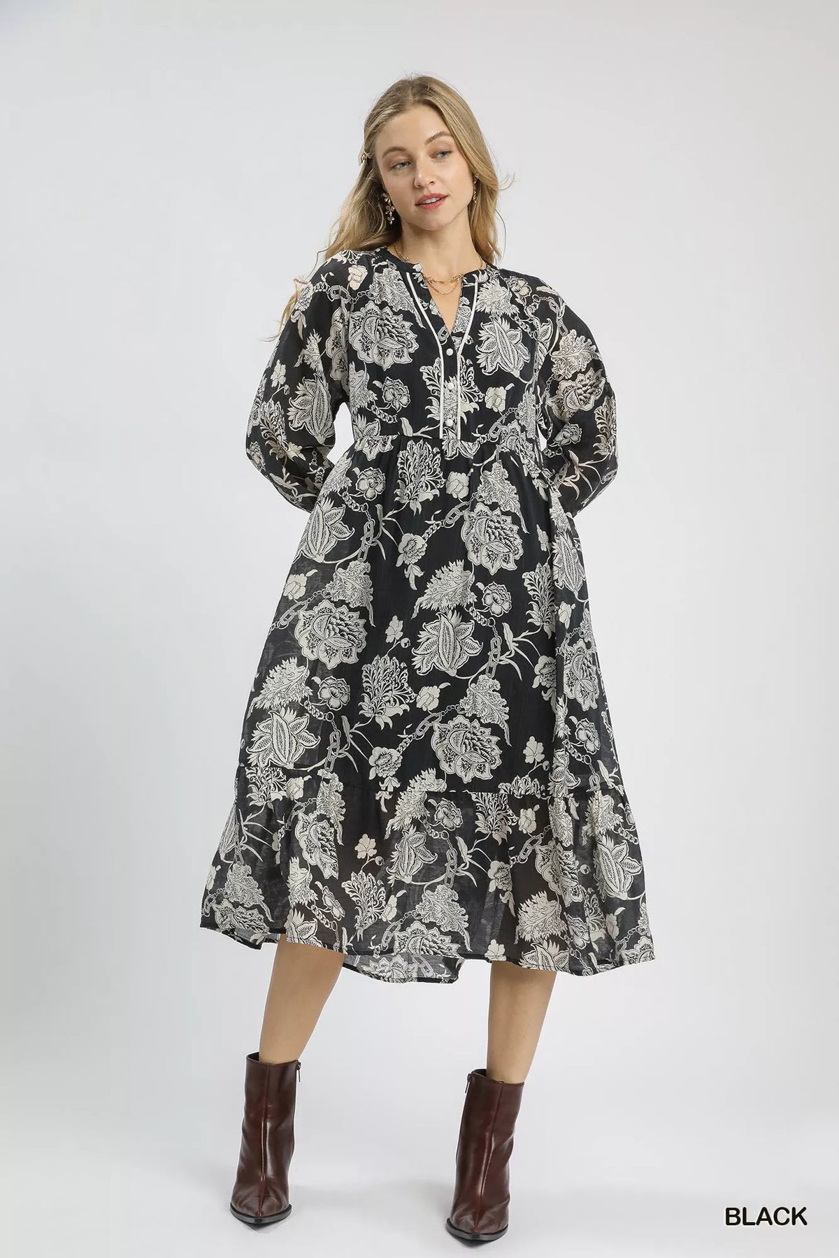 Umgee Floral Print Boho Midi Dress