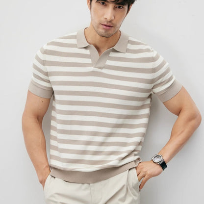Summer New Ice Silk Short Sleeve Knitted Men's V-neck Lapel Slim