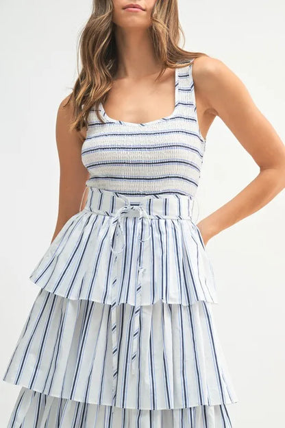 MABLE Pin Stripe Smocked Bodice Layered Midi Dress
