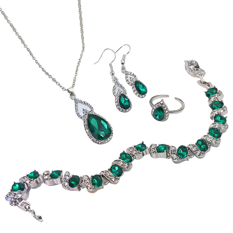 Light Luxury Zircon Necklace Earrings Open Ring Jewelry Suit