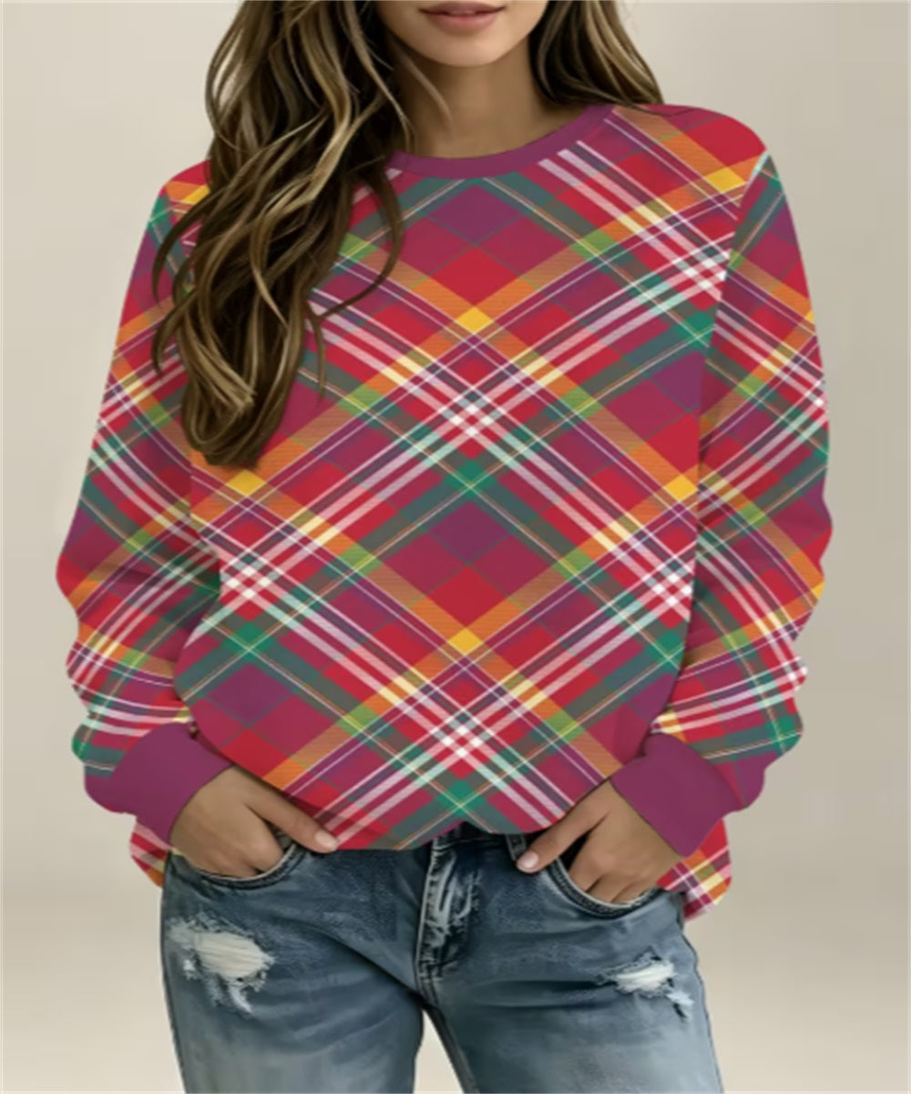 Women's Light Green Plaid Gingham Print Crew Neck Sweatshirt, Long Sleeve Casual Pullover Top