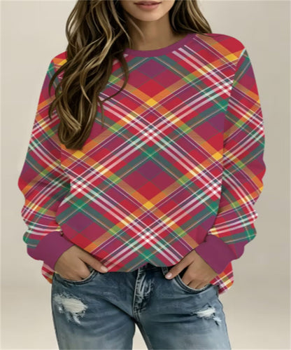 Women's Light Green Plaid Gingham Print Crew Neck Sweatshirt, Long Sleeve Casual Pullover Top